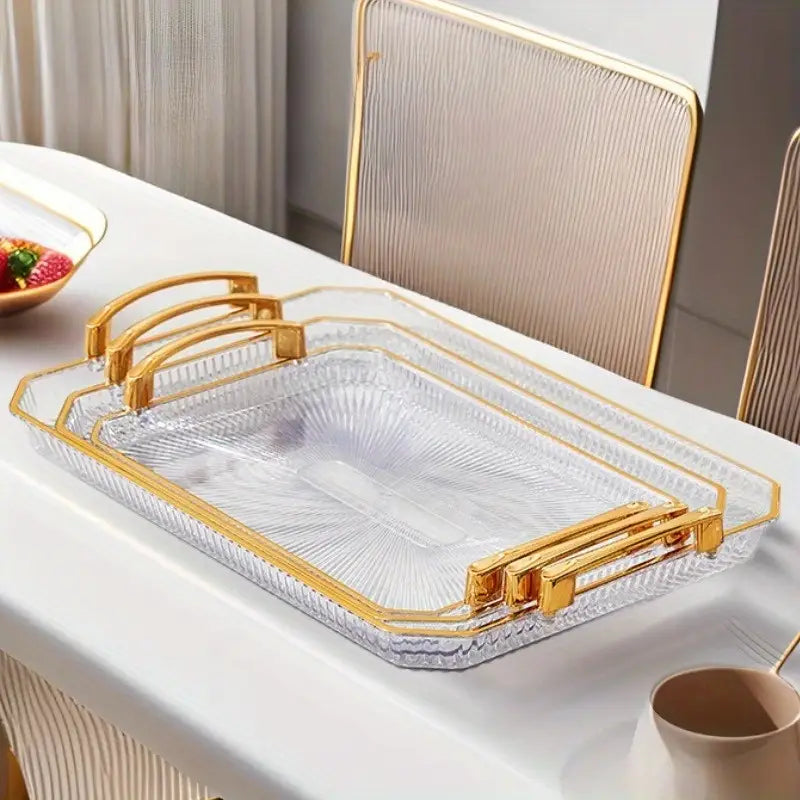 3pcs Phnom Penh Transparent Plastic Fruit Tray Set with Handles - Uncharged Rectangular Serving Platters for Food and Candy Display - Includes Large, Medium, Small Sizes