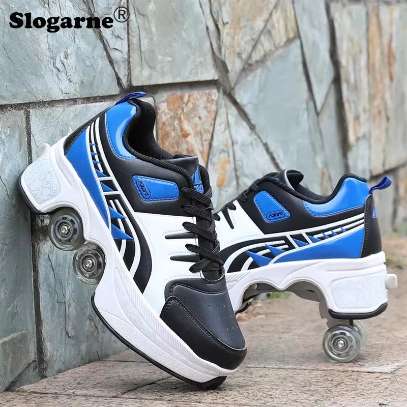 Boy Four Wheels Skate Shoes Double Rows Roller Men Inline Skates Walking Casual Sports Sneakers Kids' Deformation Roller Skates