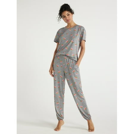 المقاس: L - طقم نوم نسائي من Joyspun مكون من تي شيرت بأكمام قصيرة وبنطال رياضي، قطعتين