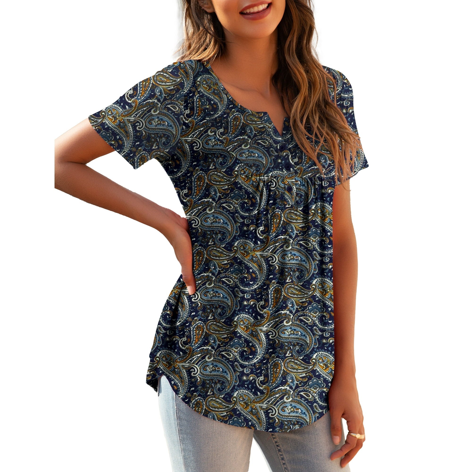 SIZE: XL - a.Jesdani Womens Plus Size Tunic Tops Short Sleeve Casual Floral Henley Shirts