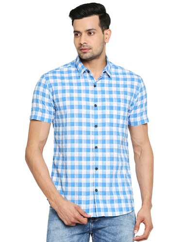 LINEN CLUB MEN'S COTTON LINEN LIGHT-BLUE CHECKS REGULAR FIT HALF SLEEVE CASUAL SHIRT