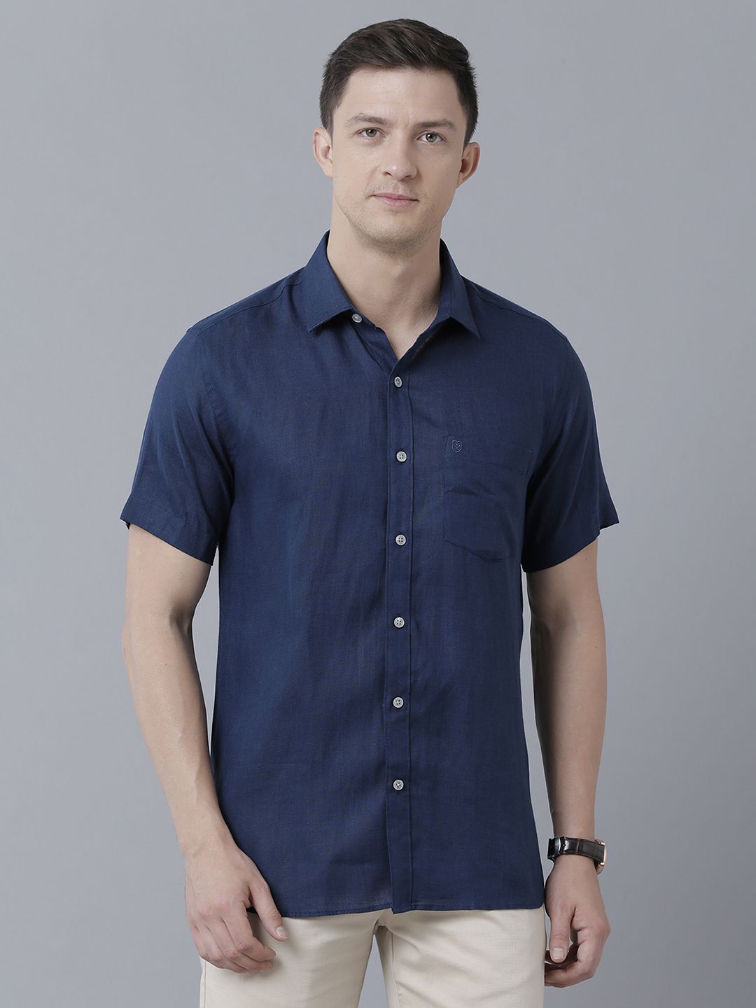 LINEN CLUB STUDIO MEN'S PURE LINEN BLUE SOLID REGULAR FIT HALF SLEEVE CASUAL SHIRT