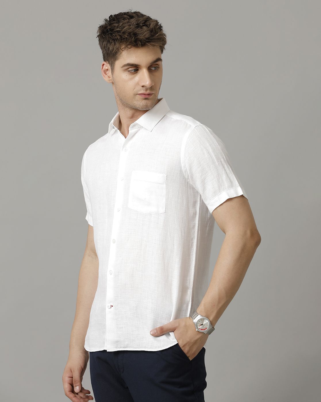 LINEN CLUB MEN'S PURE LINEN WHITE SOLID CONTEMPORARY FIT HALF SLEEVE CASUAL SHIRT