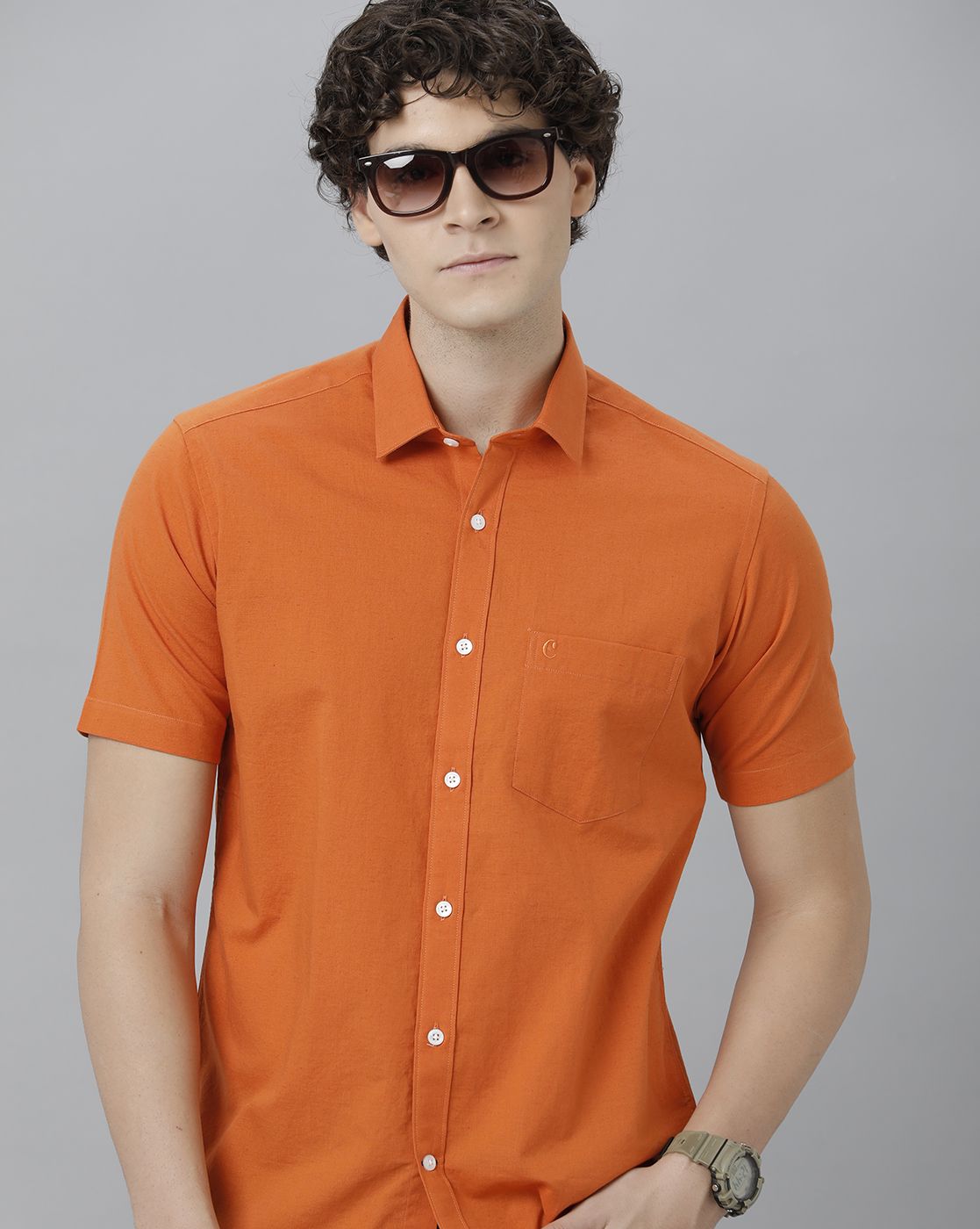 LINEN CLUB MEN'S COTTON LINEN ORANGE SOLID REGULAR FIT HALF SLEEVE CASUAL SHIRT