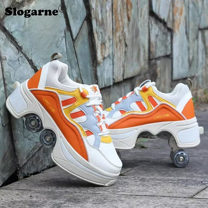 Boy Four Wheels Skate Shoes Double Rows Roller Men Inline Skates Walking Casual Sports Sneakers Kids' Deformation Roller Skates