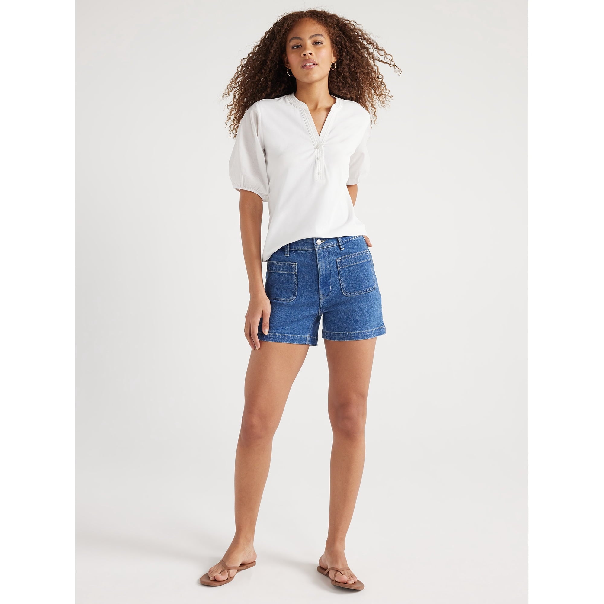 المقاس: XS - تي شيرت نسائي هينلي سهل التجميع بأكمام قصيرة منفوخة