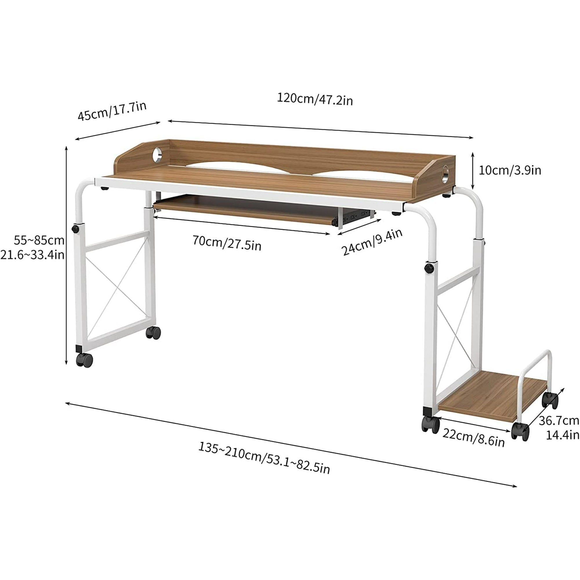 Soges Overbed Table with Wheels,Height and Length Adjustable Mobile Table 120 cm, Oak