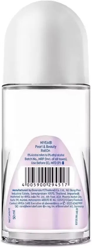 Nivea Pearl & Beauty 48H Roll-On Deodorant white bottle with blue accents and pearl graphic. Close-up view, showcasing product details.