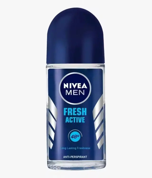 Nivea Fresh Active Roll-On Deodorant for Men, 50ml bottle with blue and white design. Features ocean extracts and long-lasting 48H protection.