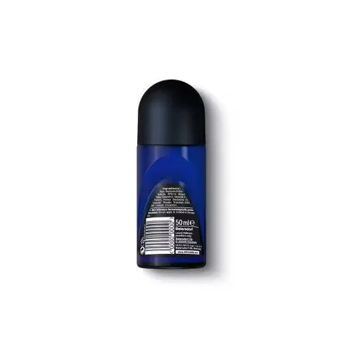 Black and silver Nivea Men Deep Black Carbon Roll-On Deodorant bottle with dark wood scent icon. Close-up view, highlighting the product name and key features.