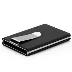 A slim metal credit card holder with a silver clip, laying on a flat surface. Organize & protect your cards in style with the Splash Metal Card Holder. Features RFID blocking & a secure clip.