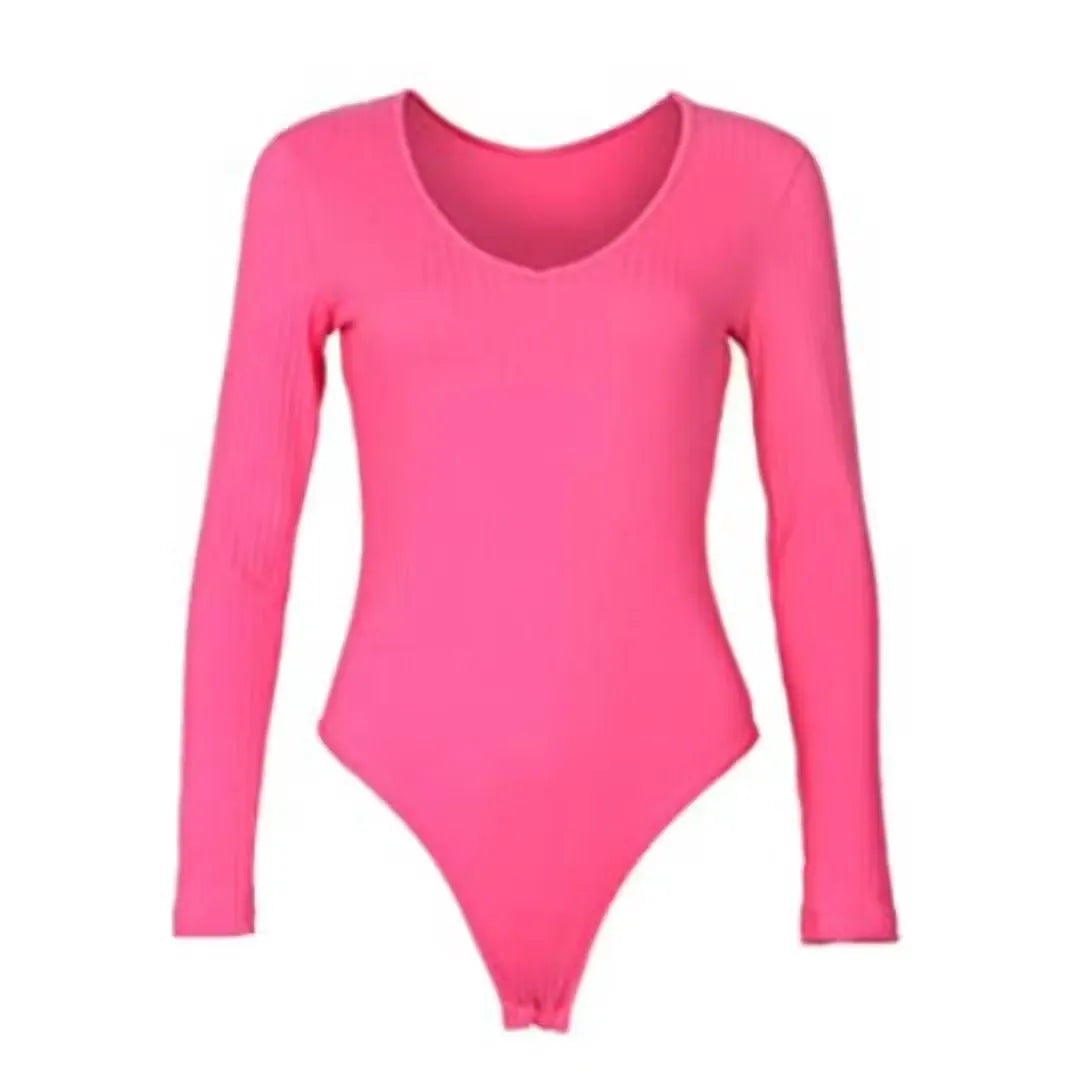 A photo of a pink ribbed bodysuit on a model (or hanger) showcasing its fit and style. Optionally, you can mention specific details like long sleeves, crewneck, or snap closure.