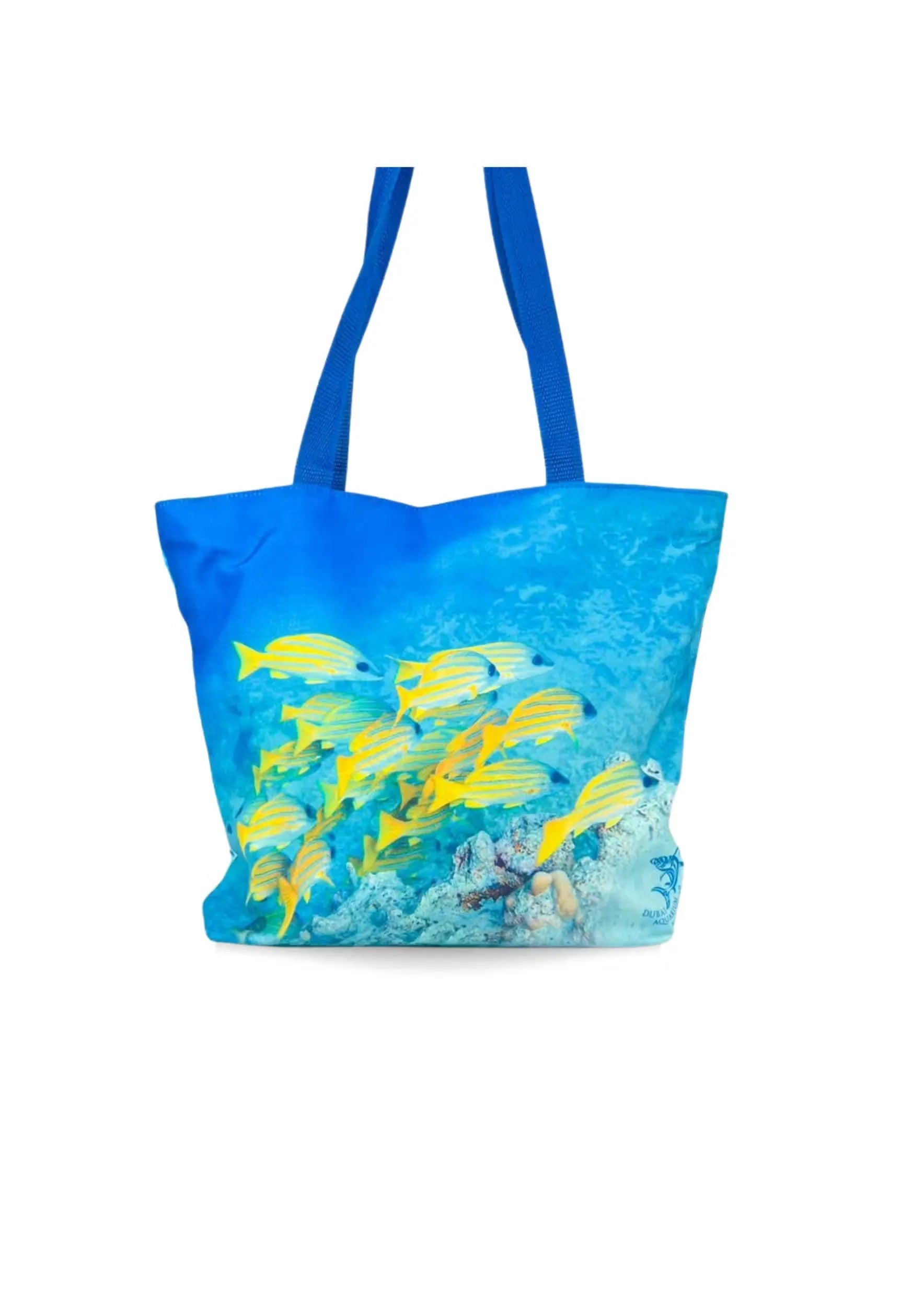 Dubai Aquarium Tote Bag: Blue and white tote bag featuring colorful fish and coral reef design.
