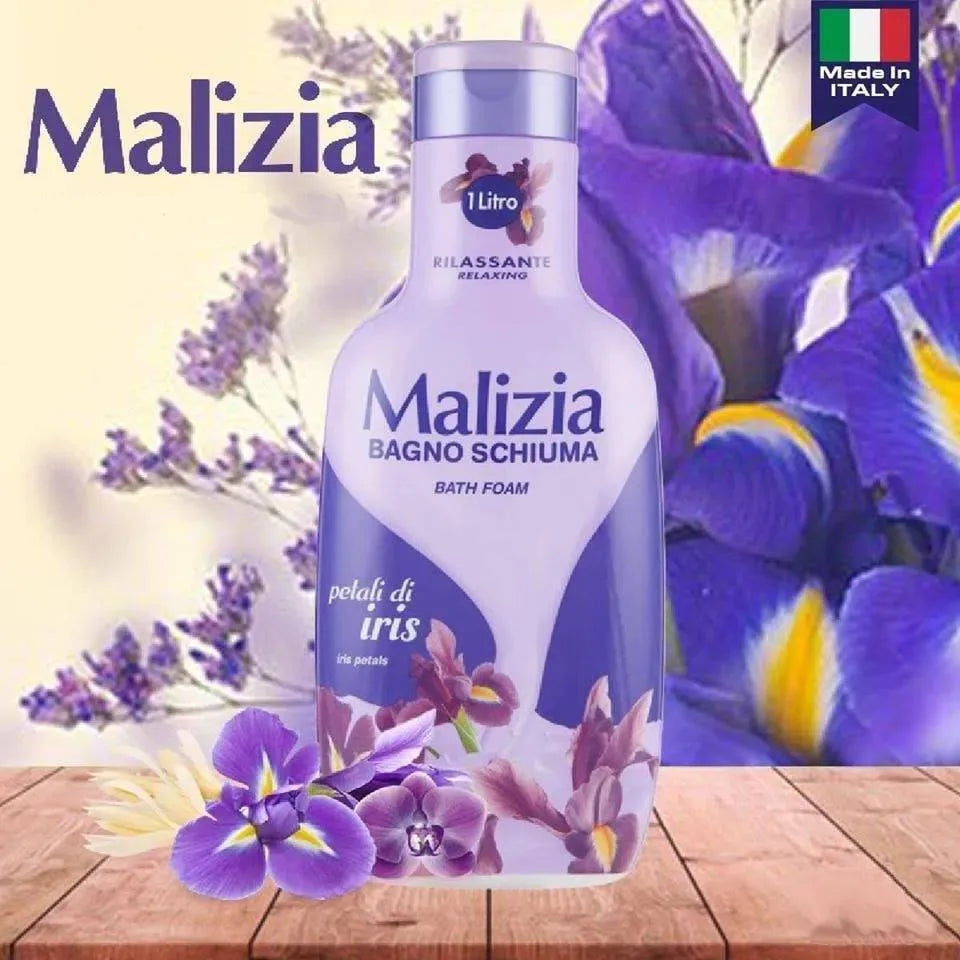 Large bottle (1L) of Malizia Iris Petals Shower Gel with a clear design showcasing the gel's color and featuring delicate flower illustrations.