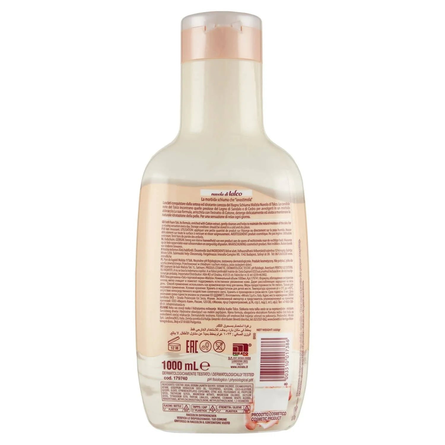 Large white bottle with blue accents and Malizia logo, labeled "Talc Nuvolo di Talco Shower Gel 1L." Gentle foam pouring from the bottle onto a hand.