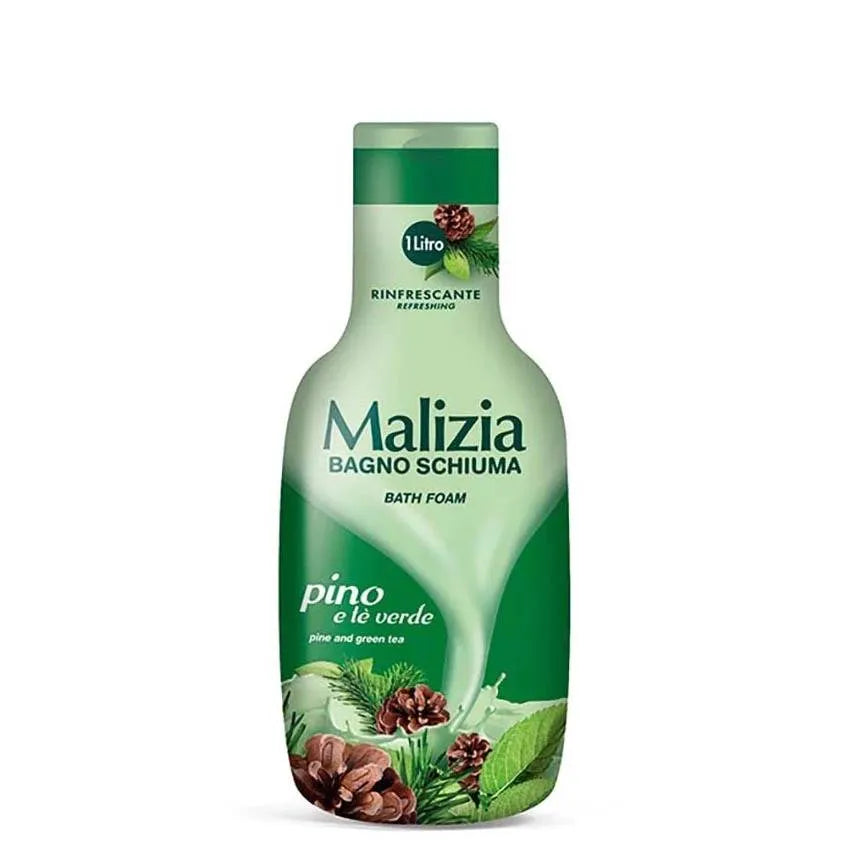 Close-up photo of Malizia 1L shower gel bottle featuring blue label with pine and green tea design. Gentle foam pouring from the bottle onto hand.