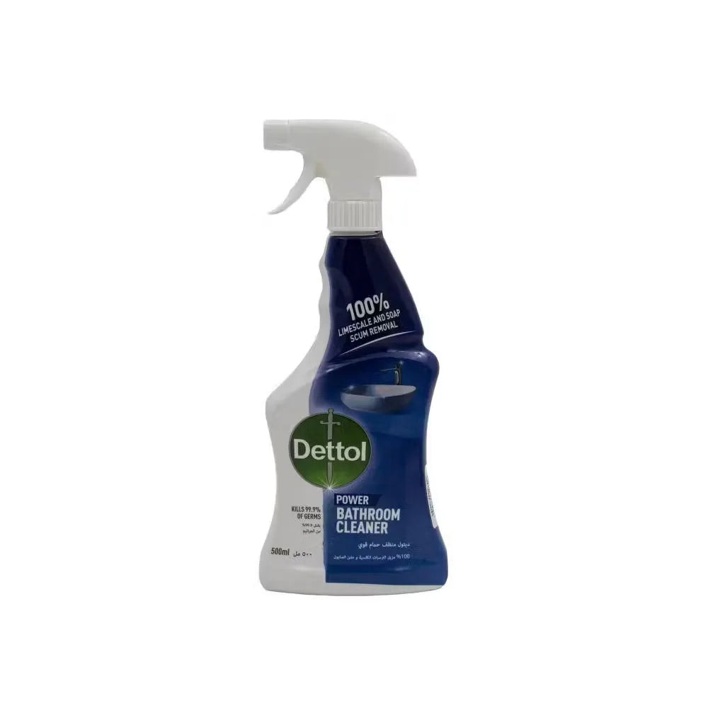 Blue Dettol Power Bathroom Cleaner trigger spray bottle with 500ml capacity. Close-up view showcasing label and spray nozzle.