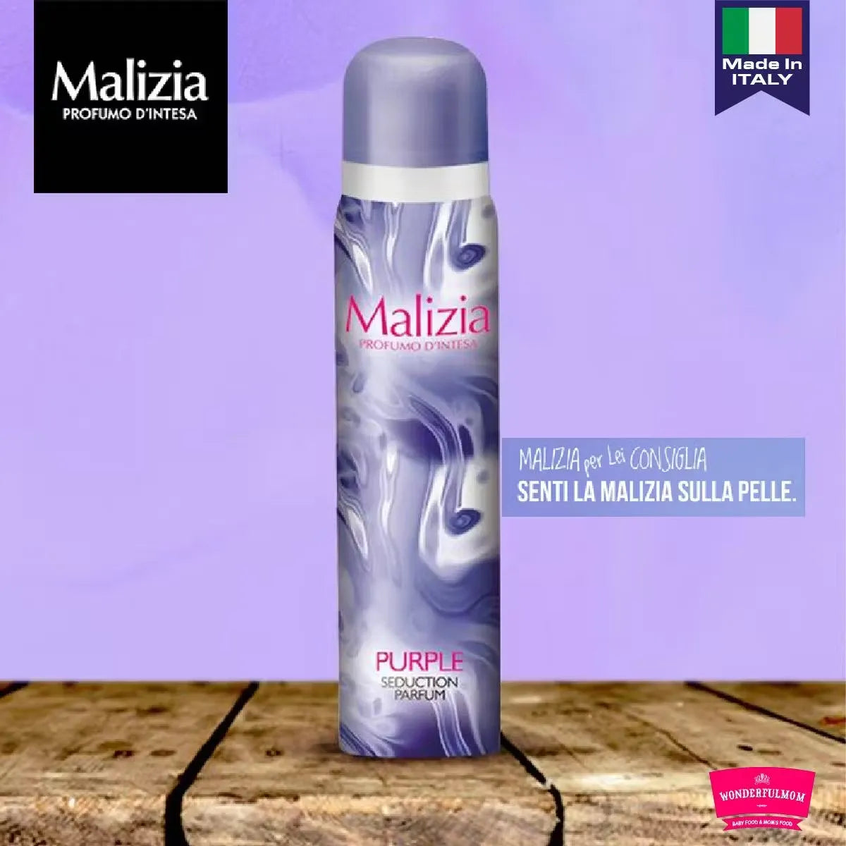 Sleek purple bottle of Malizia Donna 150ml Deodorant Body Spray against a white background.