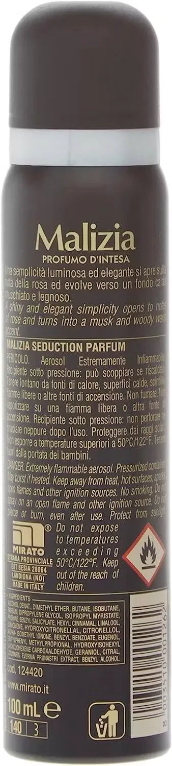 Malizia Toujours Seduction Parfum Deodorant Spray bottle (150ml) with a sleek, black design and pink accents. Close-up view highlighting the product name and tagline "Unleash Your Allure."