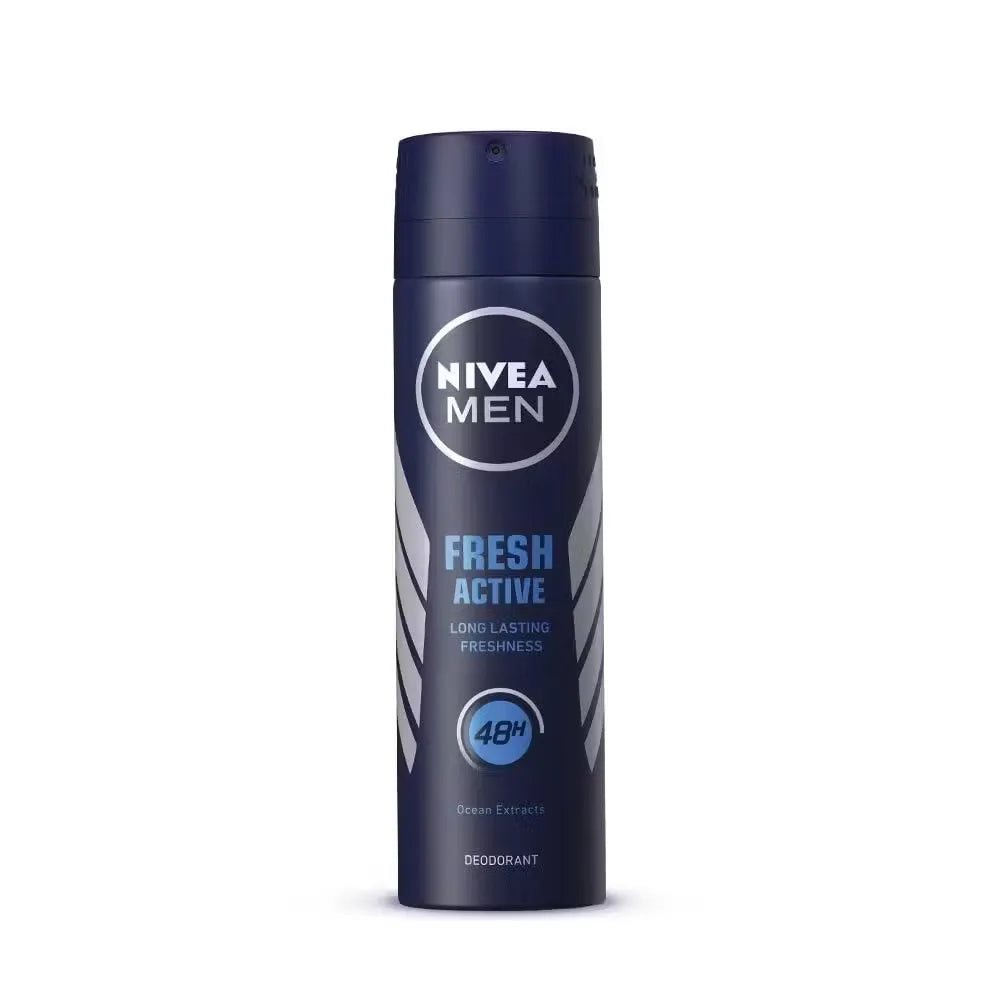 Nivea Men Fresh Active Original Deodorant Spray for Men (150ml) blue can with black cap, featuring ocean waves and men's silhouettes.