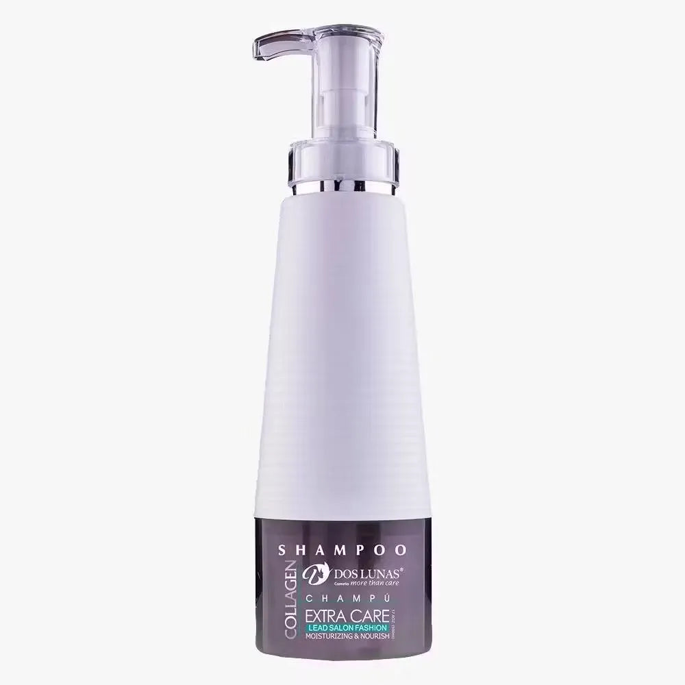 Close-up of Dos Lunas Collagen Extra Care Shampoo bottle (500ml) with blue label and white accents. Clear liquid shampoo being poured onto hand.