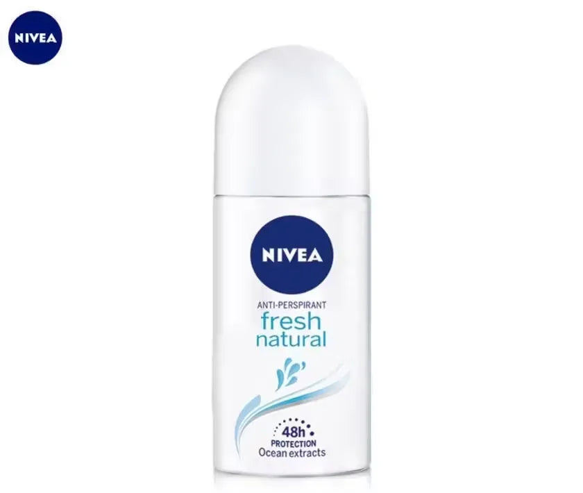 Close-up photo of Nivea Fresh Naturals 48H Roll On deodorant (50ml) with white and blue packaging. Image could also show a woman smiling confidently or enjoying outdoor activities.
