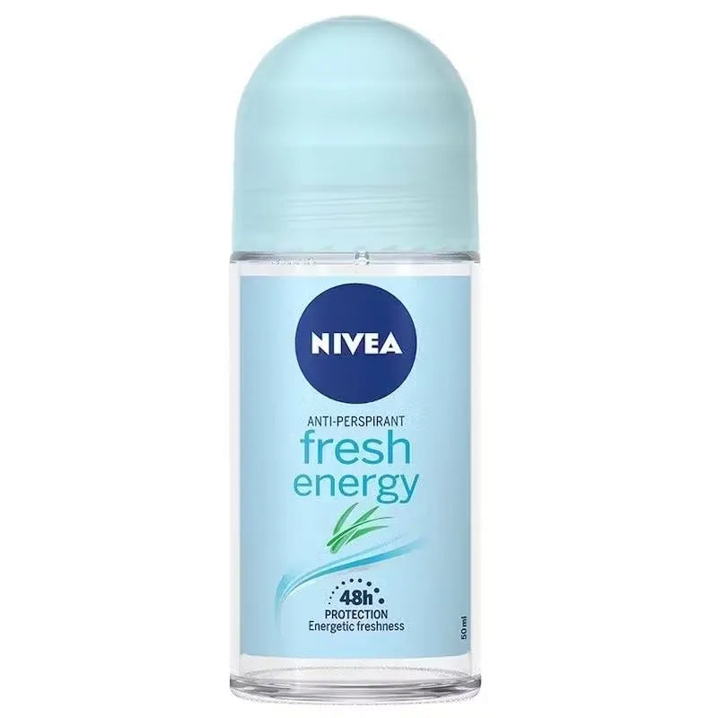 Nivea Fresh Energy Roll On Deodorant in a white and blue bottle, showing a burst of freshness and lemongrass leaves.