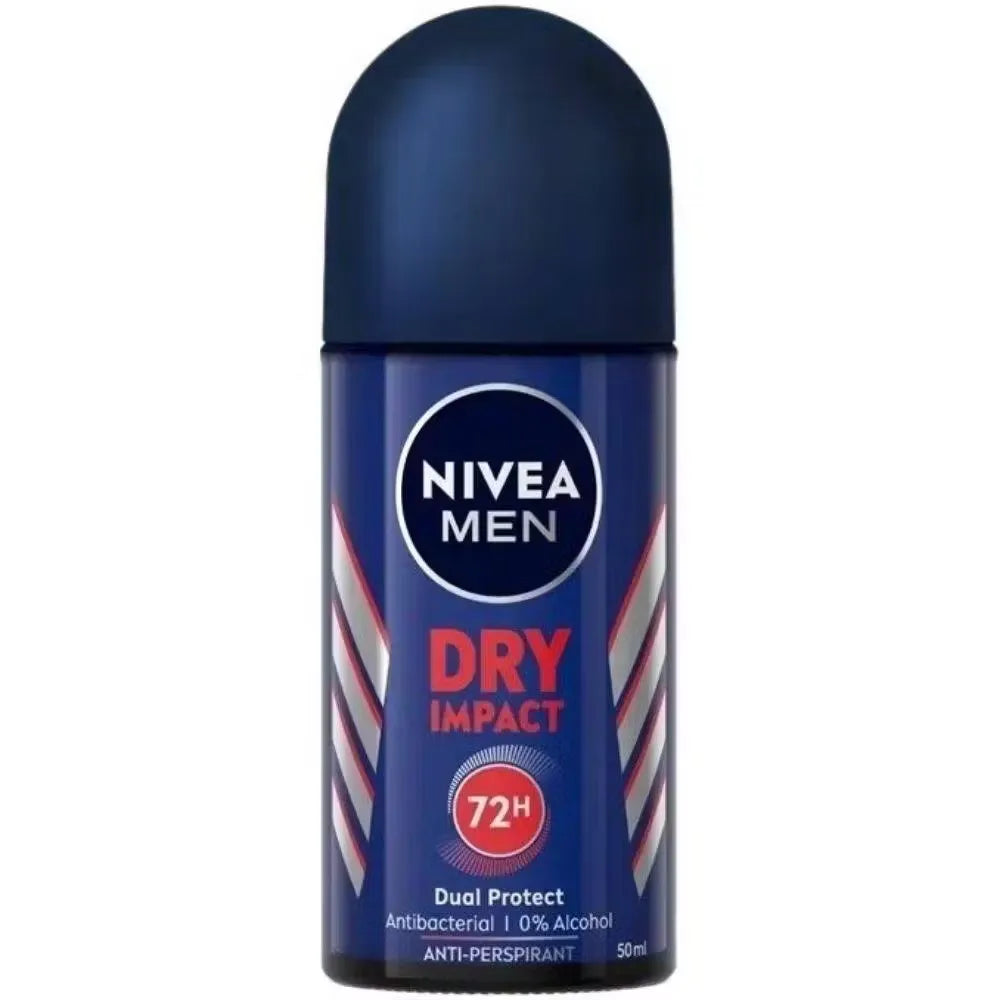 Close-up of Nivea Men Dry Impact Roll-On Deodorant 50ml bottle with blue accents and active man image.