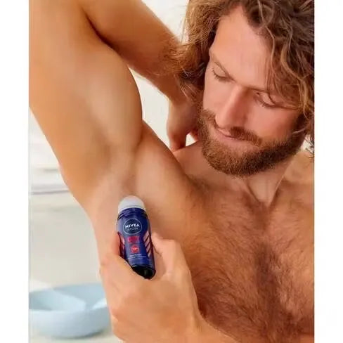 Close-up of Nivea Men Dry Impact Roll-On Deodorant 50ml bottle with blue accents and active man image.