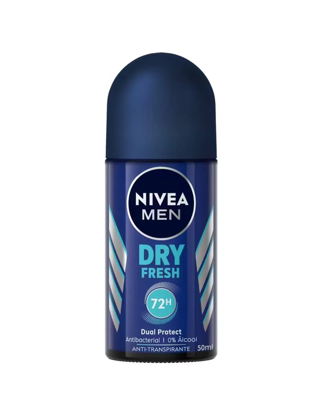 Close-up of Nivea Men Deodorant roll-on bottle (50ml) with blue design and active ingredients highlighted.