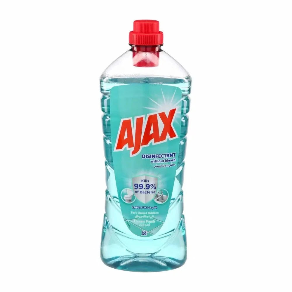 Large white bottle of Ajax Ocean Fresh Disinfectant (1.5L) with blue accents and a wave design