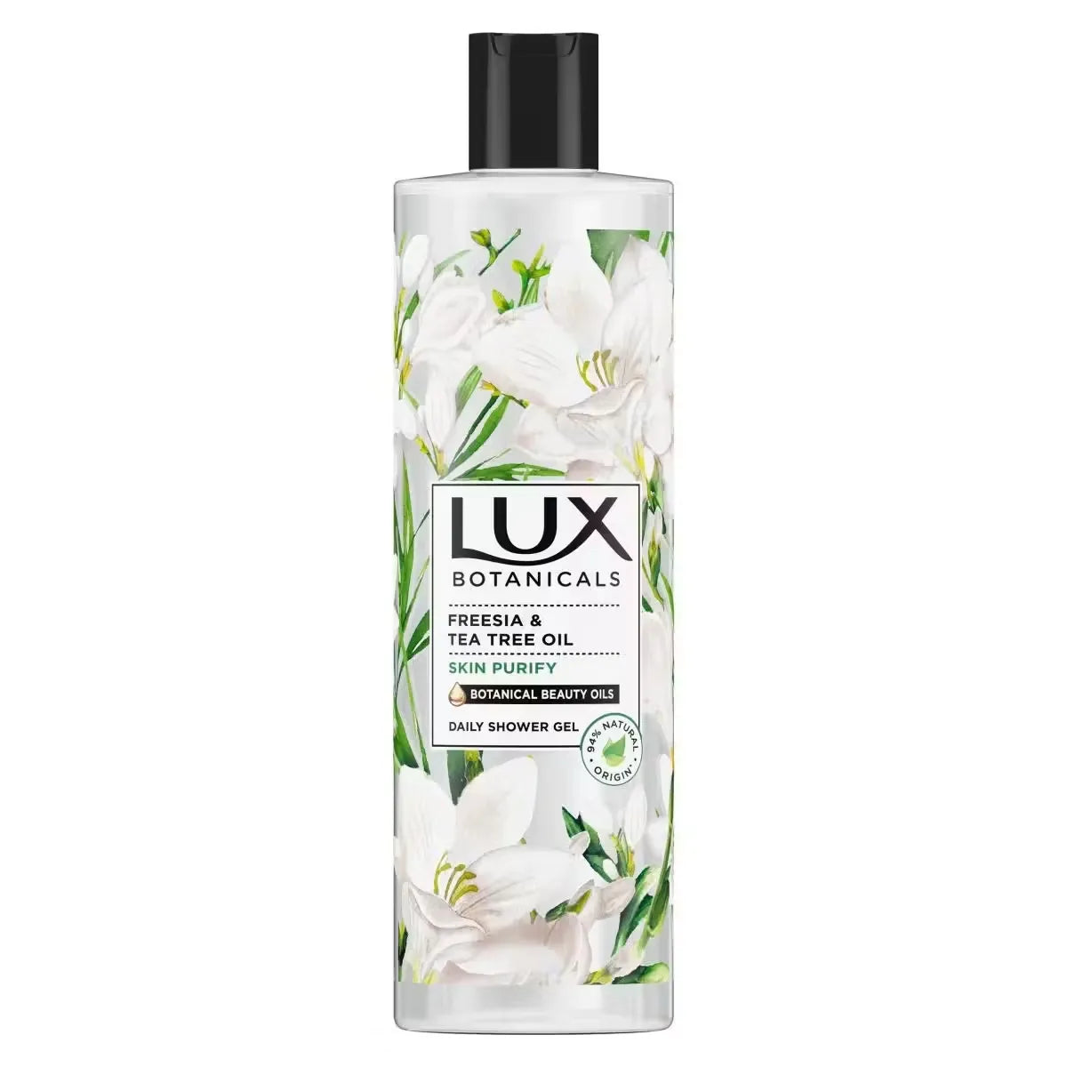 Lux Daily Shower Gel bottle (500ml) featuring vibrant design with freesia flowers and tea tree leaves. Close-up view of gel dispensing onto hand, creating a gentle lather.