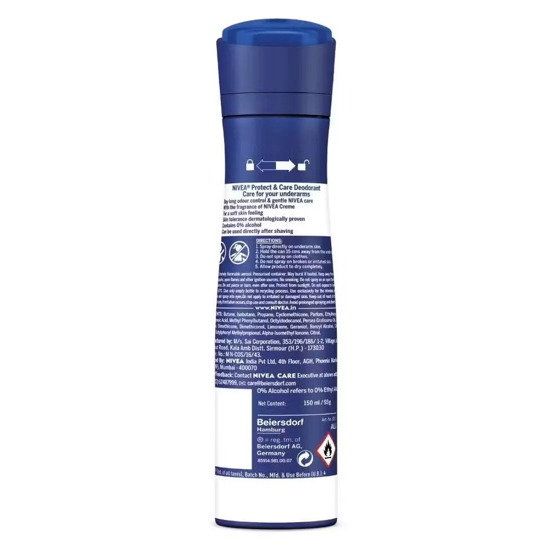 Nivea Protect & Care Deodorant spray bottle (150ml) with blue and white design. Woman smiling and raising her arms with fresh scent visuals around her.