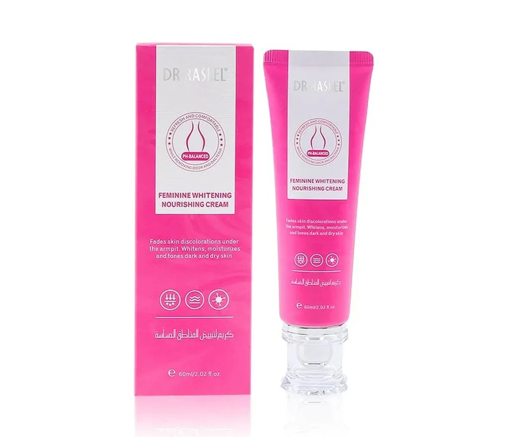 Close-up photo of Dr. Rashel Feminine Whitening Nourishing Cream tube with pink accents and flower image. Hand dispensing cream onto fingertips.
