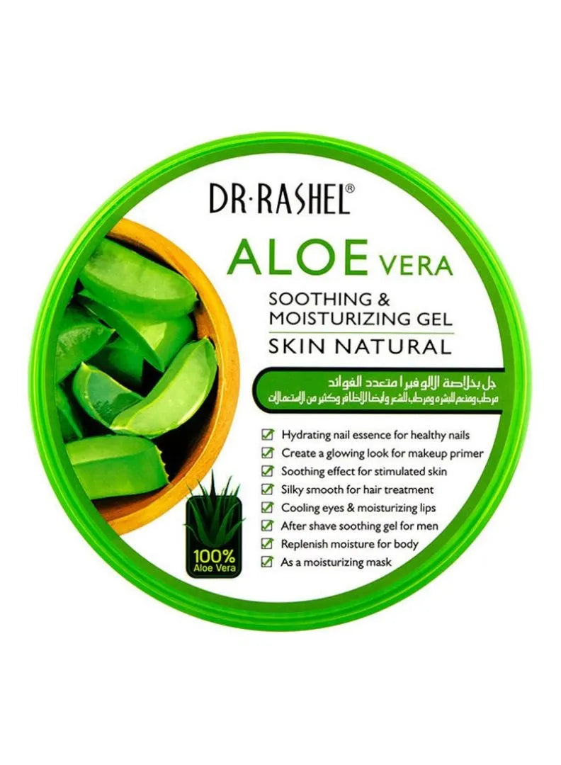 Close-up of a green tube with "Dr. Rashel Aloe Vera Gel 300g" label. Aloe vera leaf image on the tube. Gel being squeezed onto hand, showing its translucent texture.