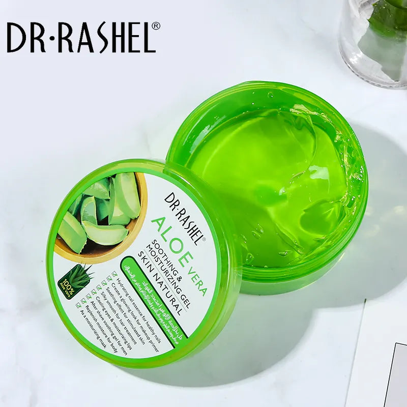 Close-up of a green tube with "Dr. Rashel Aloe Vera Gel 300g" label. Aloe vera leaf image on the tube. Gel being squeezed onto hand, showing its translucent texture.