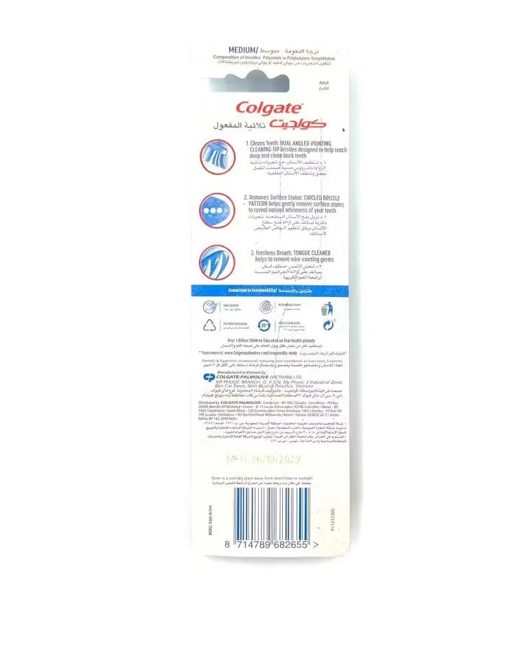 Close-up of two blue Colgate Triple Action toothbrushes with white bristles standing upright in a pack.