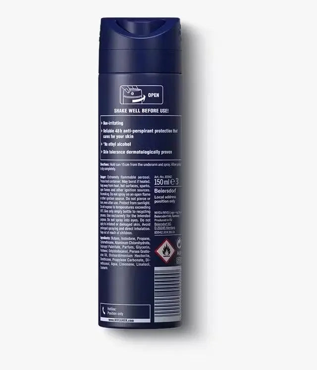 Nivea Men Protect & Care Deodorant spray bottle (150ml) with blue and white design. Focus on the product label highlighting 48h protection and care features.