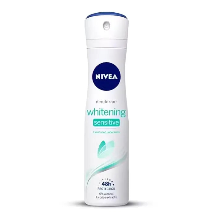 Close-up photo of Nivea Sensitive Deodorant 150ml spray can with blue accents and white background.