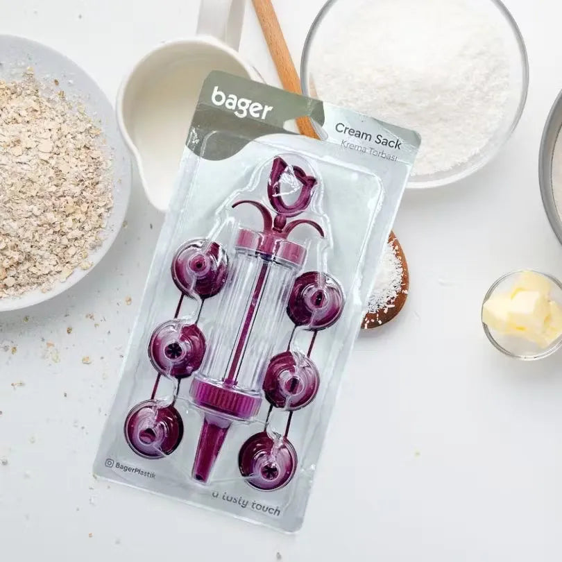 Maroon Bager cream pump & 7 unique molds: Decorate desserts with ease & delight! Create stunning desserts with this versatile cream decorating kit in a vibrant maroon color. Pump & 7 diverse molds: Endless possibilities for cakes, pastries, and more! Id