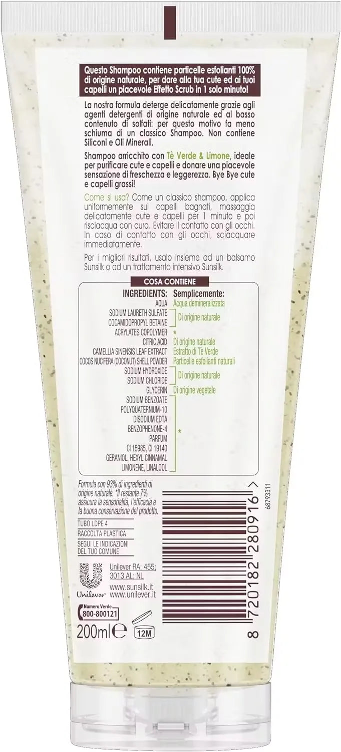 Blue bottle of Sunsilk Natural Recharge 1-Minute Scrub Detox Shampoo (200ml) with scrub particles visible. Text highlights "silicone-free" formula.