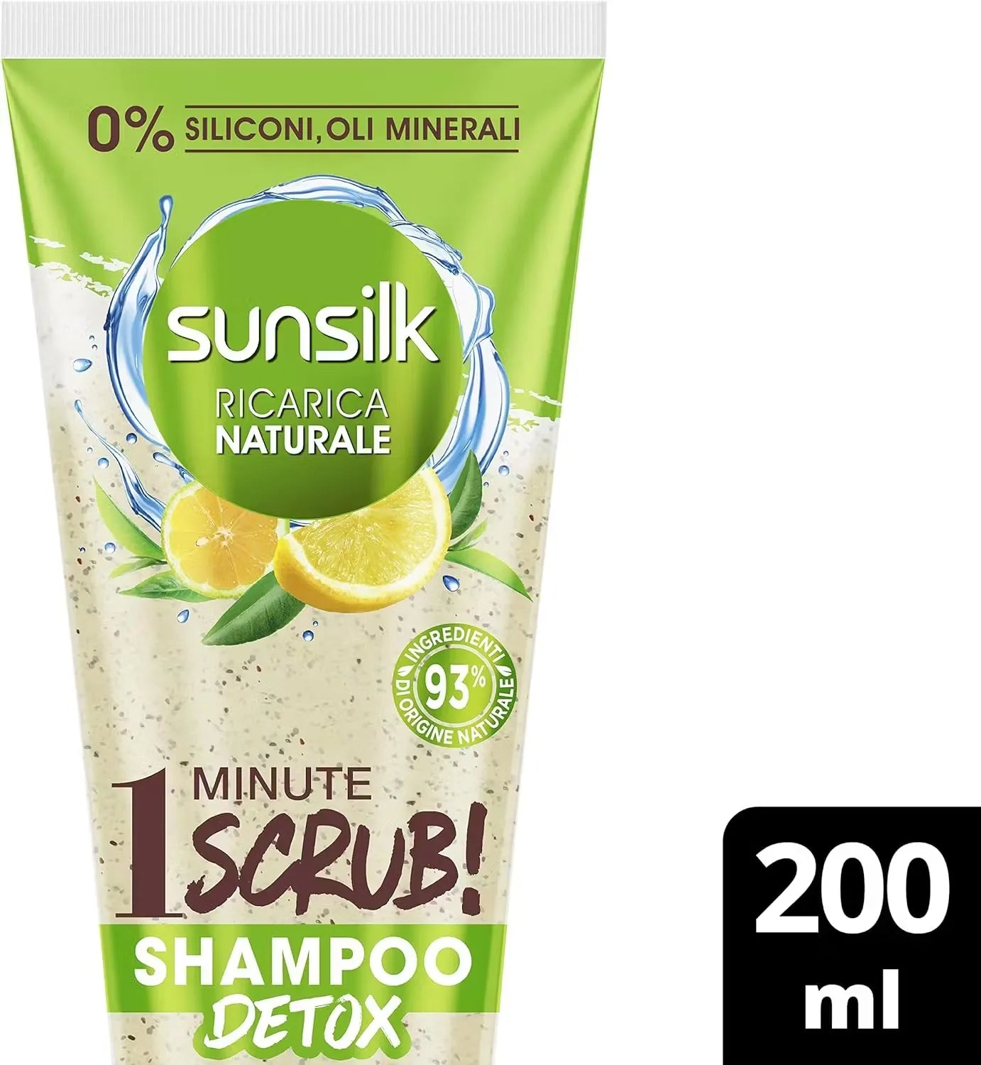 Blue bottle of Sunsilk Natural Recharge 1-Minute Scrub Detox Shampoo (200ml) with scrub particles visible. Text highlights "silicone-free" formula.
