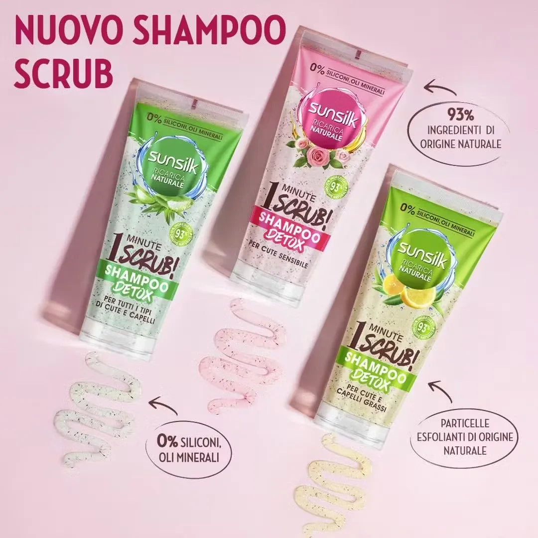 Blue bottle of Sunsilk Natural Recharge 1-Minute Scrub Detox Shampoo (200ml) with scrub particles visible. Text highlights "silicone-free" formula.