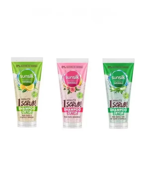 Blue bottle of Sunsilk Natural Recharge 1-Minute Scrub Detox Shampoo (200ml) with scrub particles visible. Text highlights "silicone-free" formula.