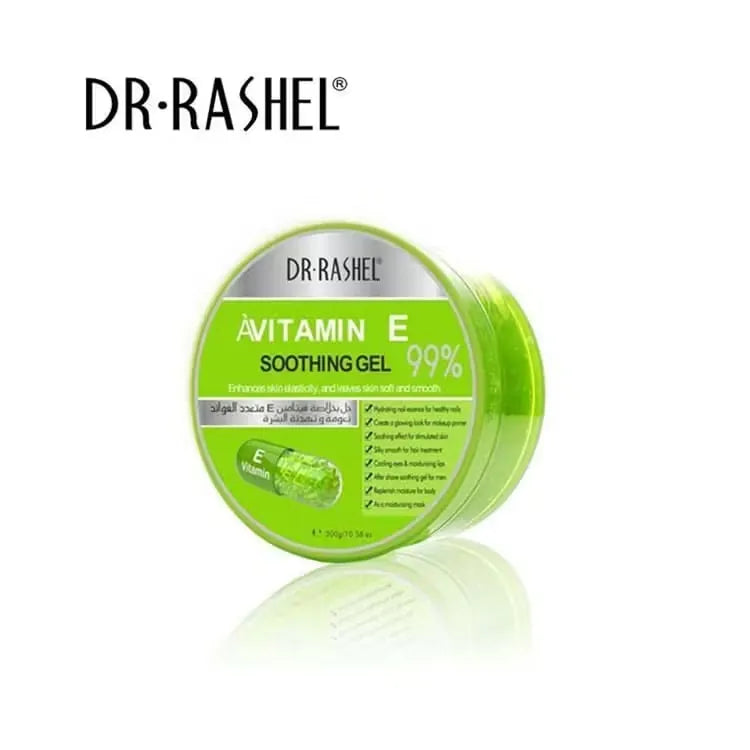 Jar of DR RASHEL Vitamin E Soothing Gel 99% (300g) offering intense hydration, soothing relief, and antioxidant protection for all skin types.