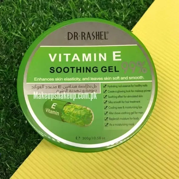 Jar of DR RASHEL Vitamin E Soothing Gel 99% (300g) offering intense hydration, soothing relief, and antioxidant protection for all skin types.