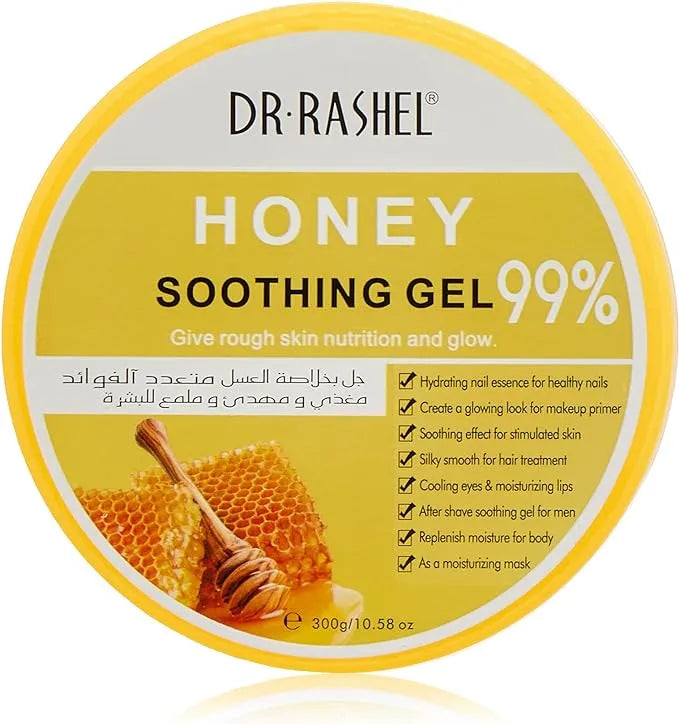 Dr. Rashel Honey Soothing Gel (300g) in a clear jar. This lightweight gel contains 99% aloe vera and honey to soothe and hydrate the skin. Close-up photo of a clear jar with yellow label, dispensing Dr. Rashel Honey Soothing Gel onto fingertips.