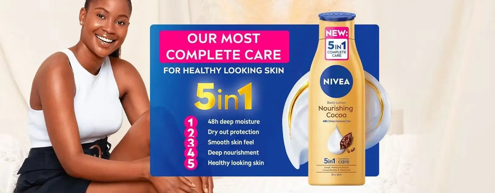 White pump bottle with blue accents featuring the NIVEA logo and "5in1 Complete Care Body Lotion Cocoa Butter" text. Close-up of hand dispensing lotion onto skin.