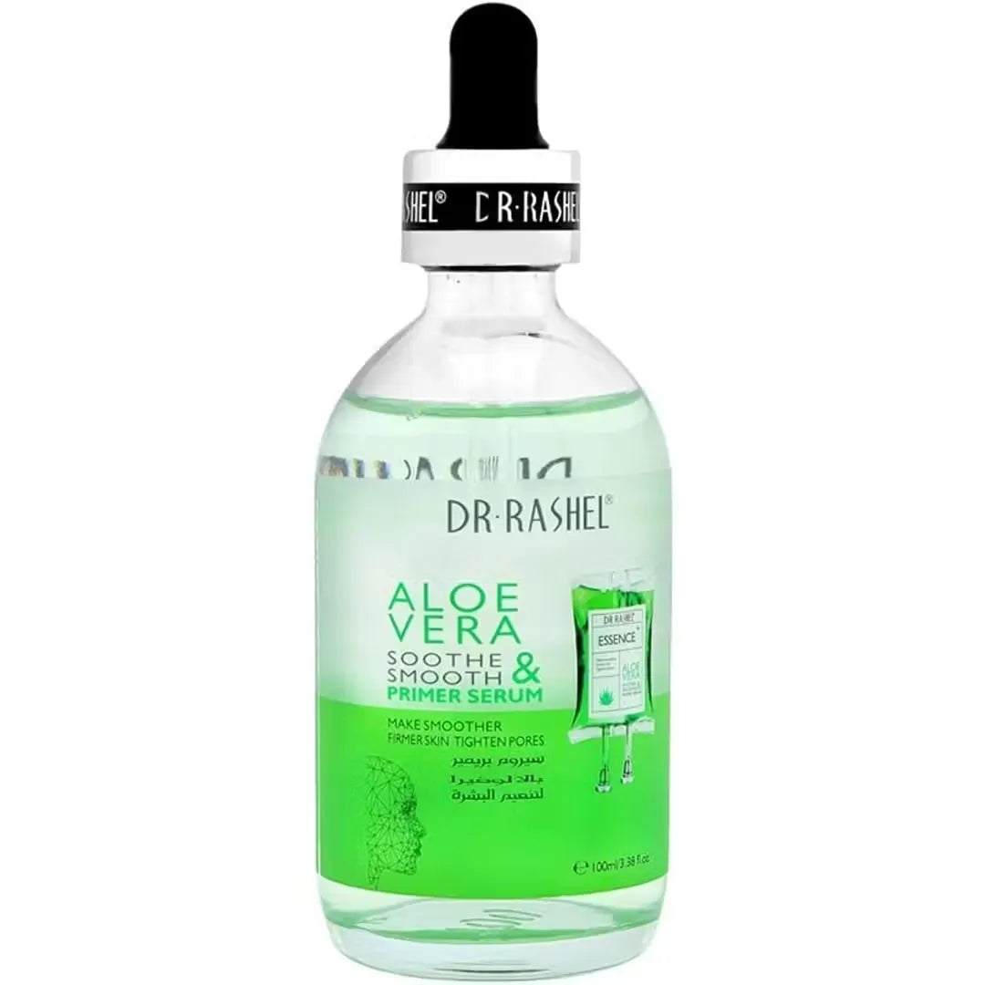 Close-up photo of a clear bottle with blue label and silver pump, dispensing Dr. Rashel Aloe Vera Soothe & Smooth Primer Serum onto a fingertip.