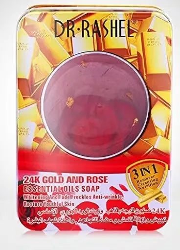 Dr. Rashel 24K Gold and Rose Essential Oils Soap bar, enriched with nourishing gold and rose extracts for a radiant and pampered skin experience.